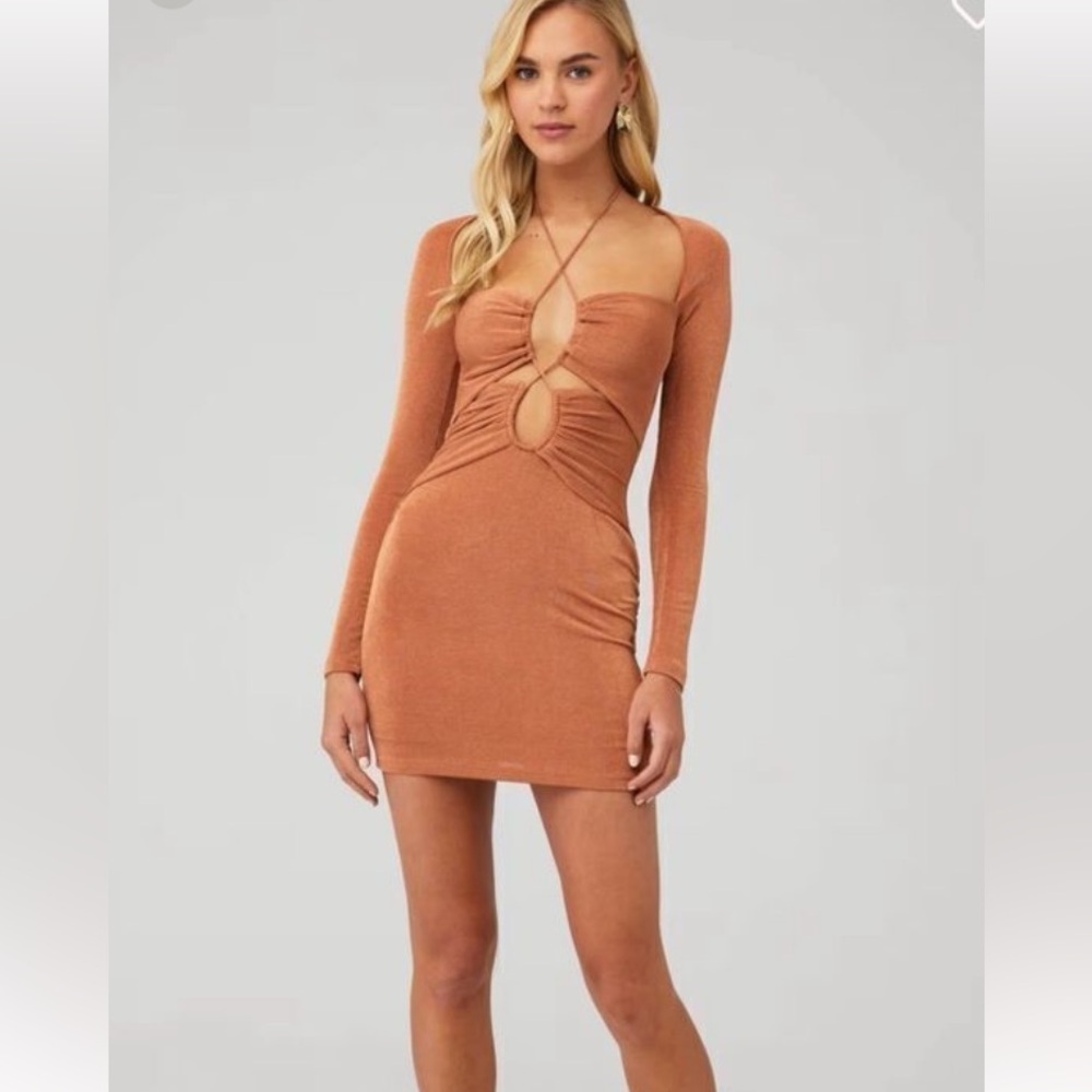 Signifigant Other-Elegant -Rosie -Long Sleeve Caramel Mini Dress boddess tie up!